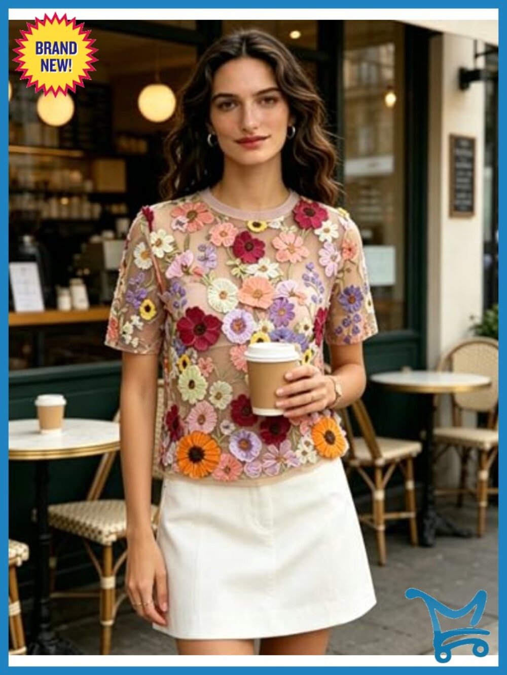 3D Floral Embroidered Sheer Lace Short Sleeve Blouse Tee - Picture 4 of 6